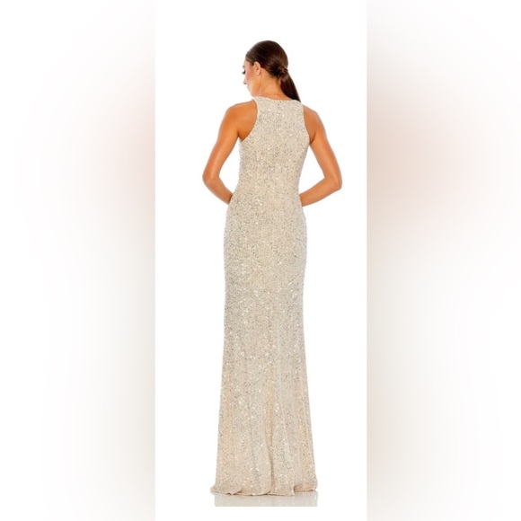 Ieena for Mac Duggal SEQUINED HIGH NECK SIDE KNOT GOWN in nude silver - Picture 3 of 11